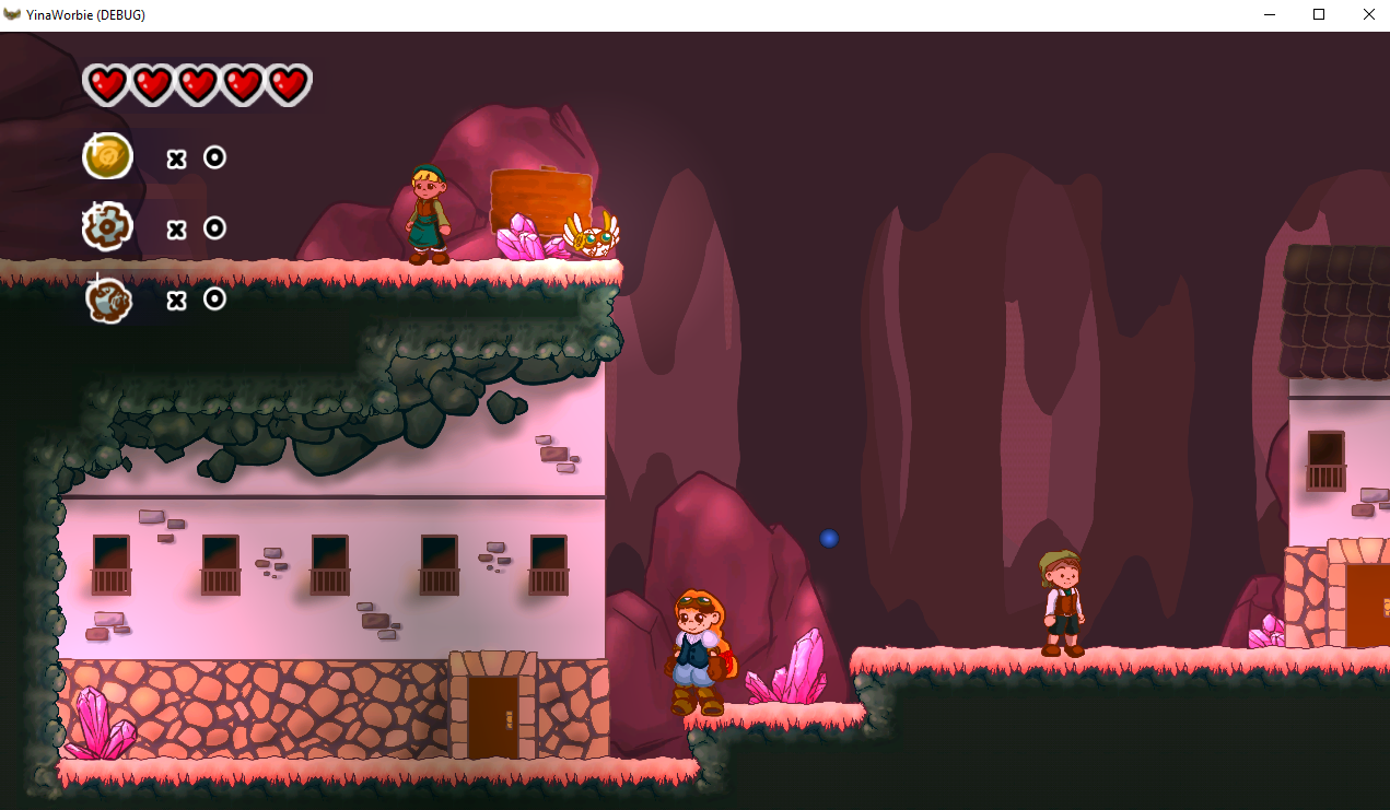 Debug screenshot of town in Yina & Worbie